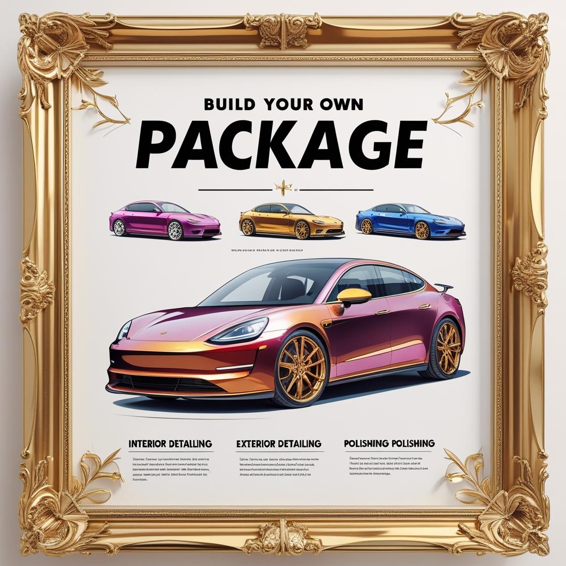 Gold frame with car design featuring the text “Build Your Own Package,” showing the main services inerior, exterior, and polish