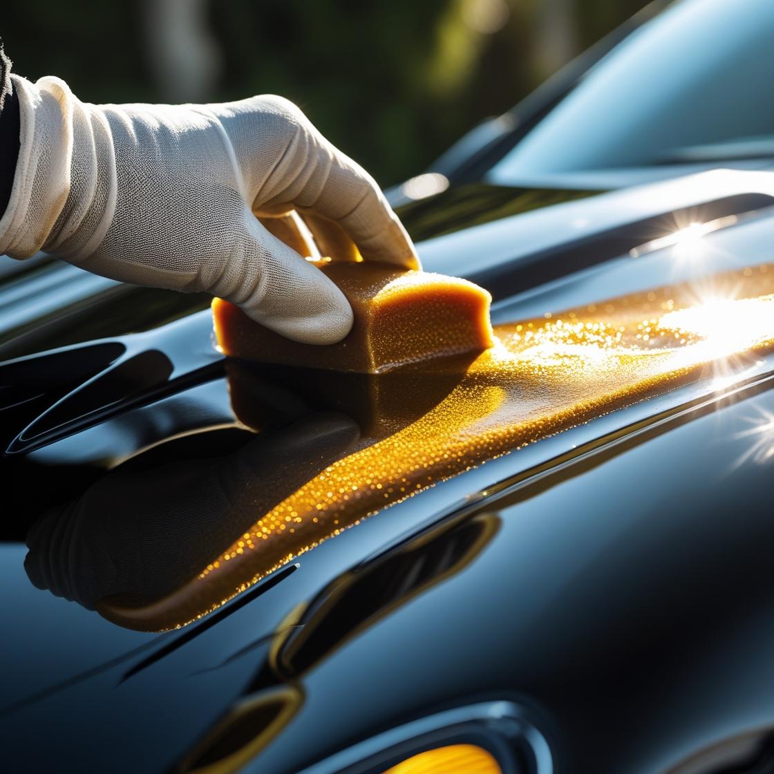 Hand applying gold-tinted wax on glossy black car.